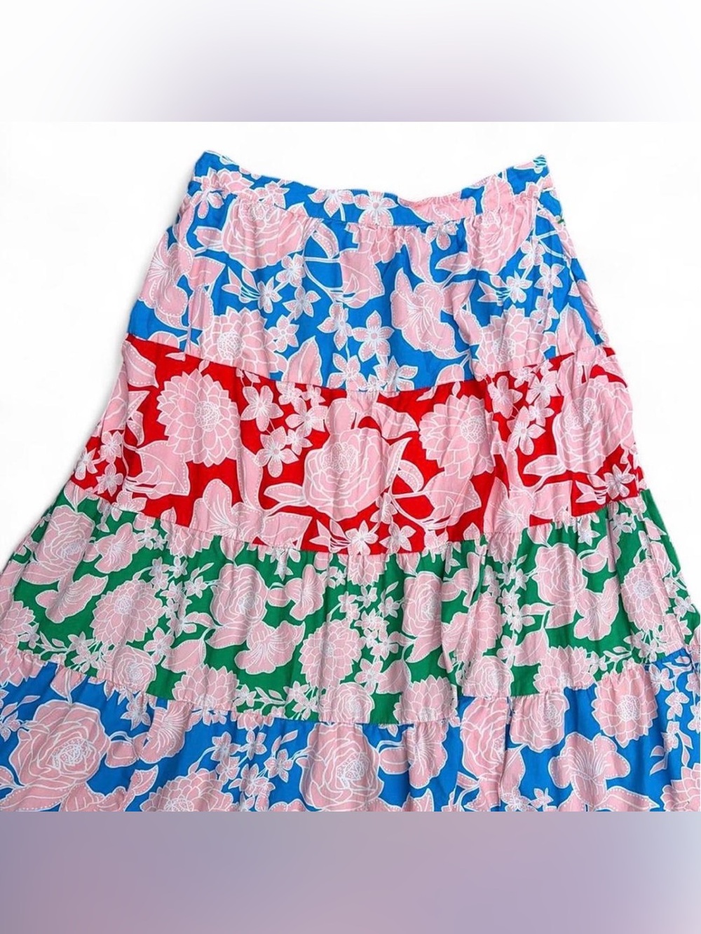 Boden Nadia Poplin Tiered Floral Maxi Skirt in Blue, Red, Green & Pink. Size 16R